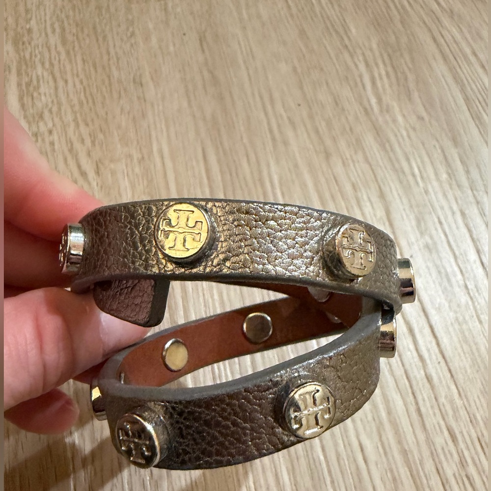 Silver Tory Burch Leather Wrap Bracelet